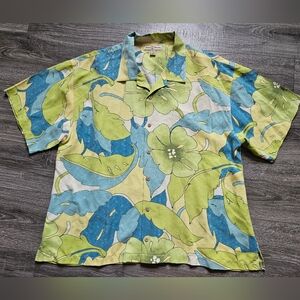 Mens Tommy Bahama Blue Green Button Down 100% Silk Hawaiian Floral Shirt XXL